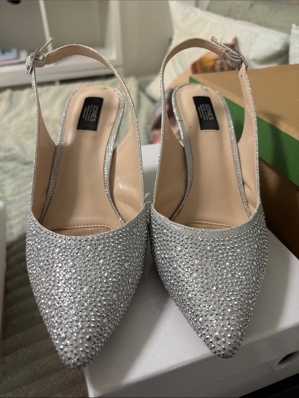 Jones New York Crystal-Embellished Silver Slingback Heels